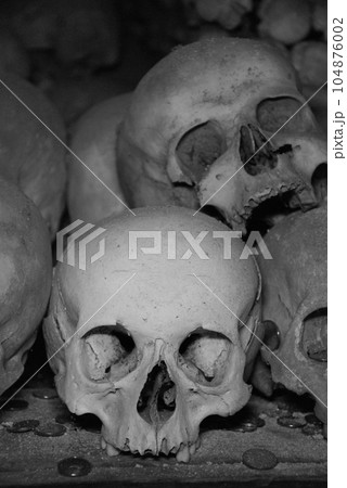 Vertical shot of skulls in the Sedlec Ossuary in Kutna Hora, Czech Republic 104876002