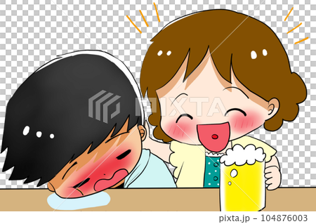 Drunk man sleeping and woman drinking beer 104876003