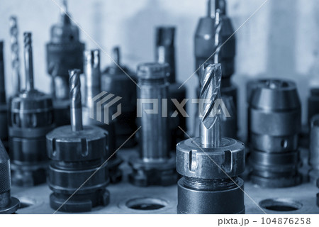Close-up scene group of the used coating solid end mill. 104876258