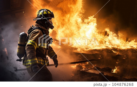 Firefighters extinguish a fire. Using Twirl water fog type fire extinguisher to fighting with the fire flame from oil to control fire not to spreading out. Firefighter and industrial safety concept 104876268