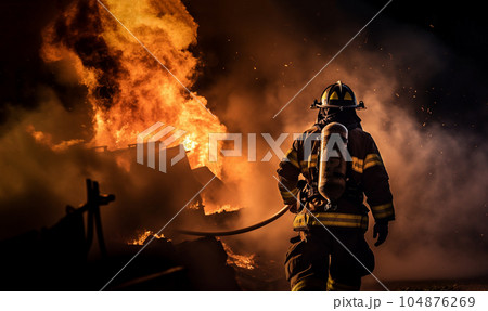 Firefighters extinguish a fire. Using Twirl water fog type fire extinguisher to fighting with the fire flame from oil to control fire not to spreading out. Firefighter and industrial safety concept 104876269