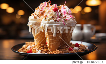 Delicious ice cream in a waffle cup or cone with syrup and berries on the background of cafe or restaurant interior Delicious ice cream in a waffle cup or cone with syrup and berries on the background of cafe or restaurant interior 104877664