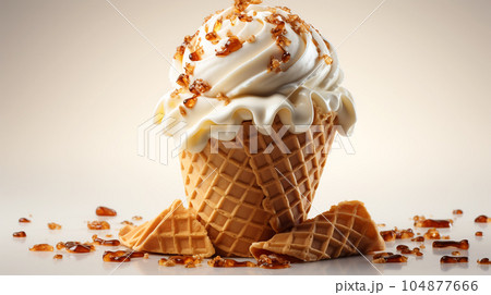 Delicious ice cream in a waffle cup or cone with syrup and berries on the background of cafe or restaurant interior Delicious ice cream in a waffle cup or cone with syrup and berries on the background of cafe or restaurant interior 104877666