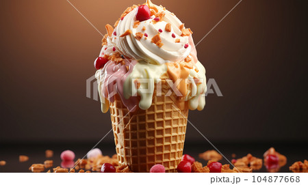 Delicious ice cream in a waffle cup or cone with syrup and berries on the background of cafe or restaurant interior Delicious ice cream in a waffle cup or cone with syrup and berries on the background of cafe or restaurant interior 104877668