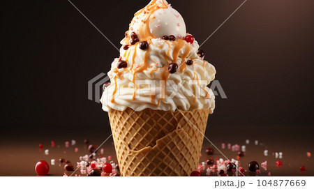 Delicious ice cream in a waffle cup or cone with syrup and berries on the background of cafe or restaurant interior Delicious ice cream in a waffle cup or cone with syrup and berries on the background of cafe or restaurant interior 104877669
