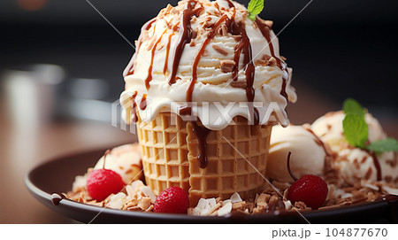 Delicious ice cream in a waffle cup or cone with syrup and berries on the background of cafe or restaurant interior Delicious ice cream in a waffle cup or cone with syrup and berries on the background of cafe or restaurant interior 104877670