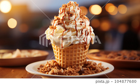 Delicious ice cream in a waffle cup or cone with syrup and berries on the background of cafe or restaurant interior 104877680