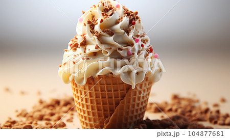 Delicious ice cream in a waffle cup or cone with syrup and berries on the background of cafe or restaurant interior Delicious ice cream in a waffle cup or cone with syrup and berries on the background of cafe or restaurant interior 104877681