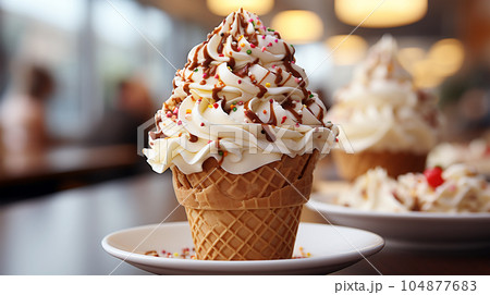 Delicious ice cream in a waffle cup or cone with syrup and berries on the background of cafe or restaurant interior 104877683