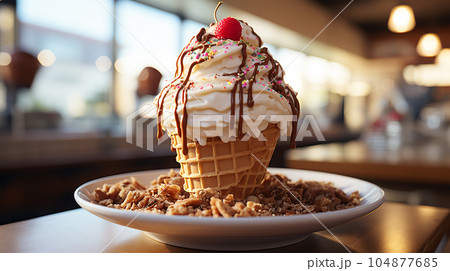 Delicious ice cream in a waffle cup or cone with syrup and berries on the background of cafe or restaurant interior 104877685
