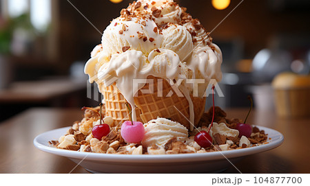 Delicious ice cream in a waffle cup or cone with syrup and berries on the background of cafe or restaurant interior Delicious ice cream in a waffle cup or cone with syrup and berries on the background of cafe or restaurant interior 104877700