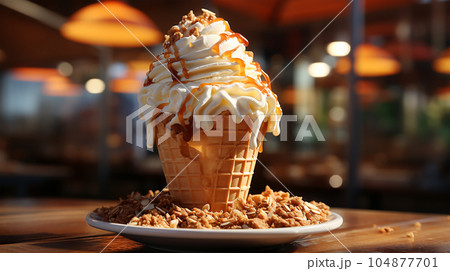 Delicious ice cream in a waffle cup or cone with syrup and berries on the background of cafe or restaurant interior Delicious ice cream in a waffle cup or cone with syrup and berries on the background of cafe or restaurant interior 104877701
