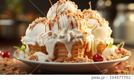 Delicious ice cream in a waffle cup or cone with syrup and berries on the background of cafe or restaurant interior Delicious ice cream in a waffle cup or cone with syrup and berries on the background of cafe or restaurant interior 104877702