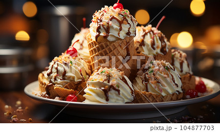 Delicious ice cream in a waffle cup or cone with syrup and berries on the background of cafe or restaurant interior 104877703