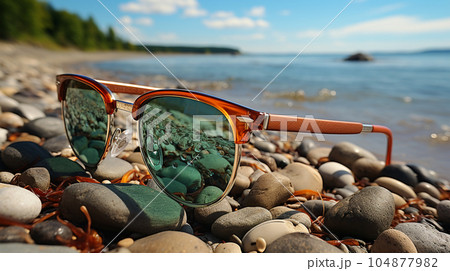 Beautiful sunglasses by the sea or ocean, hot weather, vacation and a weekend 104877982