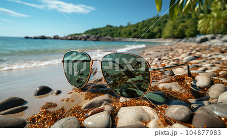 Beautiful sunglasses by the sea or ocean, hot weather, vacation and a weekend Beautiful sunglasses by the sea or ocean, hot weather, vacation and a weekend 104877983