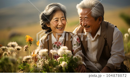 Smiling Japanese husband and wife, married couple in the nature background, traveling Smiling Japanese husband and wife, married couple in the nature background, traveling 104878072