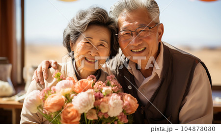 Smiling Japanese husband and wife, married couple in the nature background, traveling 104878080