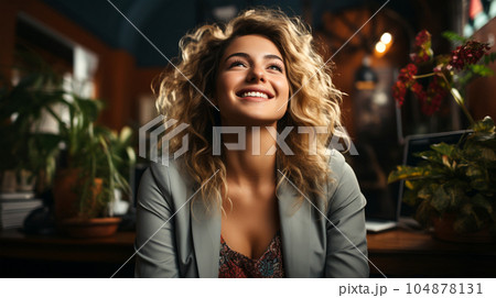 Smiling successful business woman after a completed project, office concept, personnel management Smiling successful business woman after a completed project, office concept, personnel management 104878131