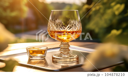 Glass of cognac in a hotel in the background of nature, alcoholic concept, expensive drink 104878210