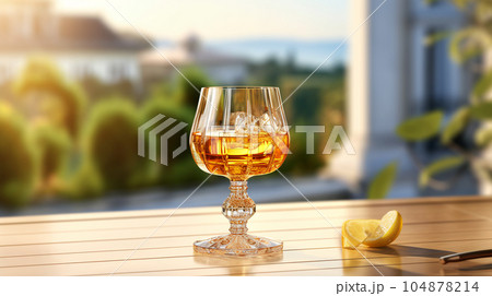 Glass of cognac in a hotel in the background of nature, alcoholic concept, expensive drink 104878214