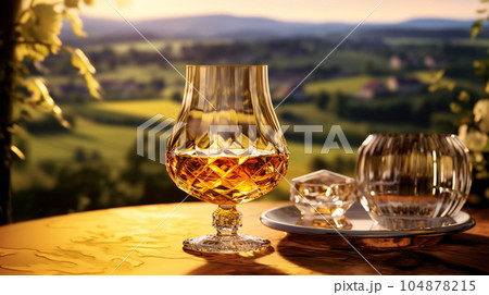 Glass of cognac in a hotel in the background of nature, alcoholic concept, expensive drink 104878215
