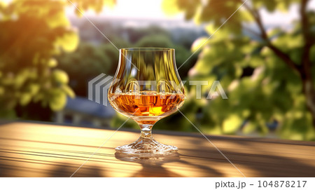 Glass of cognac in a hotel in the background of nature, alcoholic concept, expensive drink Glass of cognac in a hotel in the background of nature, alcoholic concept, expensive drink 104878217