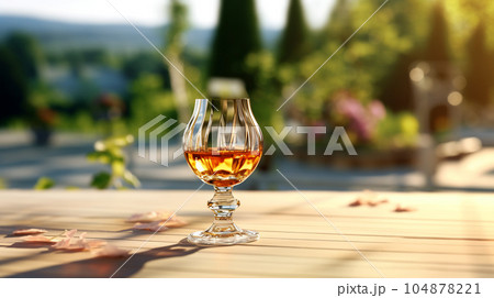 Glass of cognac in a hotel in the background of nature, alcoholic concept, expensive drink Glass of cognac in a hotel in the background of nature, alcoholic concept, expensive drink 104878221