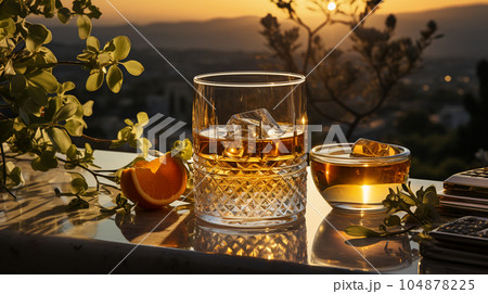 Glass of cognac in a hotel in the background of nature, alcoholic concept, expensive drink Glass of cognac in a hotel in the background of nature, alcoholic concept, expensive drink 104878225