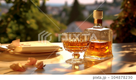 Glass of cognac in a hotel in the background of nature, alcoholic concept, expensive drink Glass of cognac in a hotel in the background of nature, alcoholic concept, expensive drink 104878230