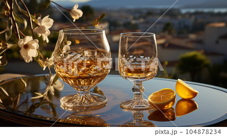 Glass of cognac in a hotel in the background of nature, alcoholic concept, expensive drink Glass of cognac in a hotel in the background of nature, alcoholic concept, expensive drink 104878234