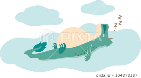 満腹でお腹が出た満足気に雲の上で寝ている辰のポップでかわいいベクターイラスト 104878387