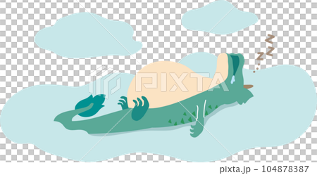 満腹でお腹が出た満足気に雲の上で寝ている辰のポップでかわいいベクターイラスト 104878387
