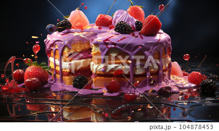 Birthday cake with fruit, berries and biscuits, copy space, party concept for children and adults 104878453