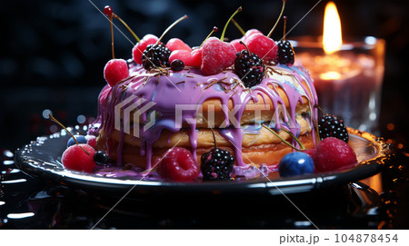 Birthday cake with fruit, berries and biscuits, copy space, party concept for children and adults 104878454