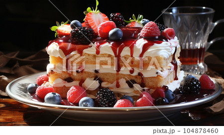 Birthday cake with fruit, berries and biscuits, copy space, party concept for children and adults 104878460