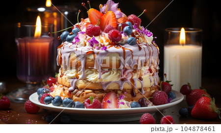Birthday cake with fruit, berries and biscuits, copy space, party concept for children and adults 104878461
