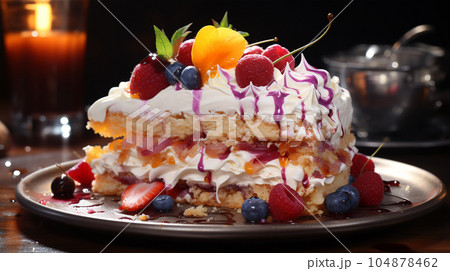 Birthday cake with fruit, berries and biscuits, copy space, party concept for children and adults 104878462