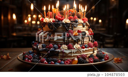 Birthday cake with fruit, berries and biscuits, copy space, party concept for children and adults 104878503
