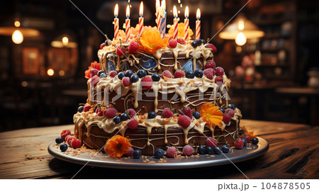 Birthday cake with fruit, berries and biscuits, copy space, party concept for children and adults Birthday cake with fruit, berries and biscuits, copy space, party concept for children and adults 104878505