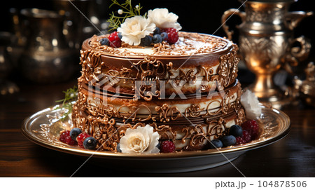Birthday cake with fruit, berries and biscuits, copy space, party concept for children and adults 104878506