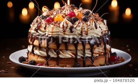 Birthday cake with fruit, berries and biscuits, copy space, party concept for children and adults Birthday cake with fruit, berries and biscuits, copy space, party concept for children and adults 104878520