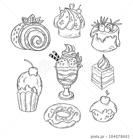 Hand drawn pastries. Collection outline sweet food. Desserts, roll, donut, cakes, cookies and muffins, pastries, ice cream and creamy dessert. Vector illustration Hand drawn pastries. Collection outline sweet food. Desserts, roll, donut, cakes, cookies and muffins, pastries, ice cream and creamy dessert. Vector illustration 104878681