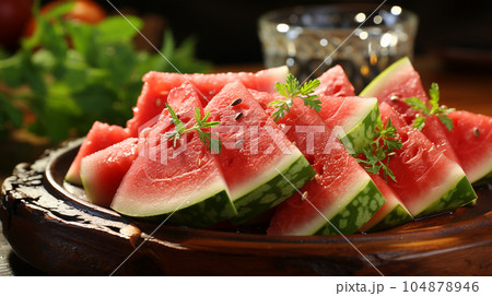 Sliced slices of ripe juicy watermelon against the background of the restaurant interior 104878946