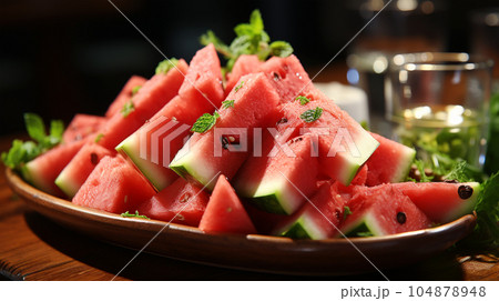 Sliced slices of ripe juicy watermelon against the background of the restaurant interior 104878948