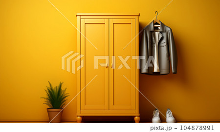Yellow closet for clothes and shoes, closet, hallway indoors with yellow background, minimalist and retro style Yellow closet for clothes and shoes, closet, hallway indoors with yellow background, minimalist and retro style 104878991