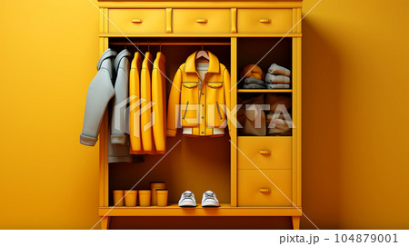 Yellow closet for clothes and shoes, closet, hallway indoors with yellow background, minimalist and retro style 104879001