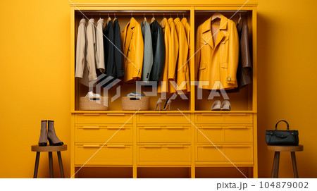 Yellow closet for clothes and shoes, closet, hallway indoors with yellow background, minimalist and retro style 104879002