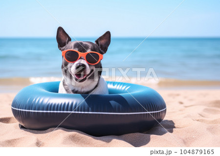 Happy chihuahua dog in sunglasses and with an inflatable ring for swimming on vacation looks at the camera on the beach. Vacation concept with pets. Happy chihuahua dog in sunglasses and with an inflatable ring for swimming on vacation looks at the camera on the beach. Vacation concept with pets. 104879165