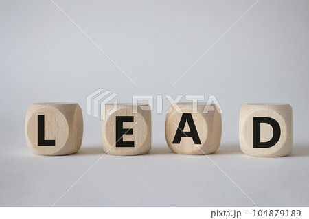 Lead symbol. Concept word Lead on wooden cubes. Beautiful white background. Business and Lead concept. Copy space. 104879189